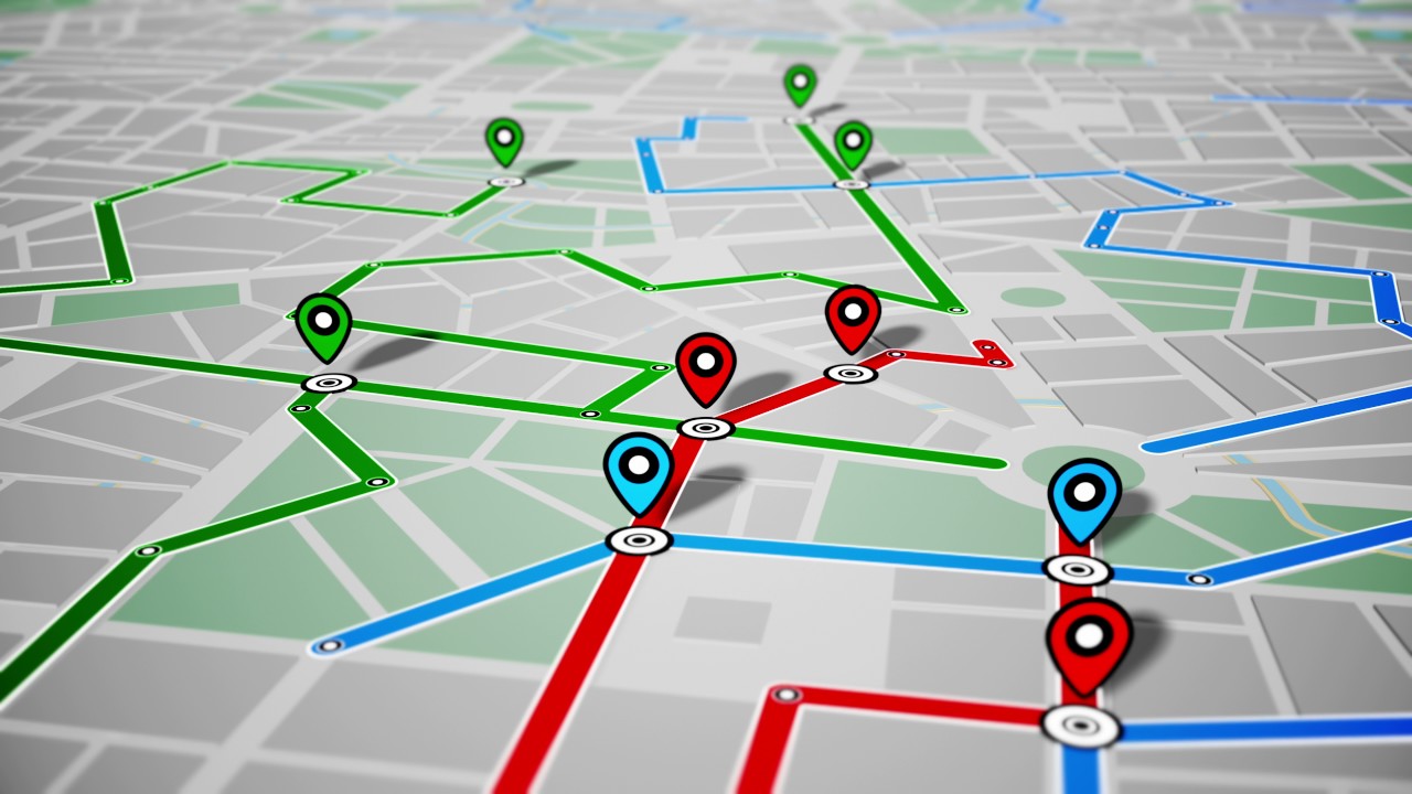 Illustration of package tracking routes and location markers